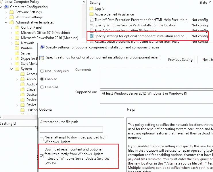 gpo: Specify settings for optional component installation and component repair