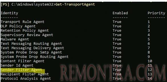 Get-TransportAgent список установленных антиспам агентов exchange
