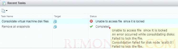 An error occurred while consolidating disks: Failed to lock the file