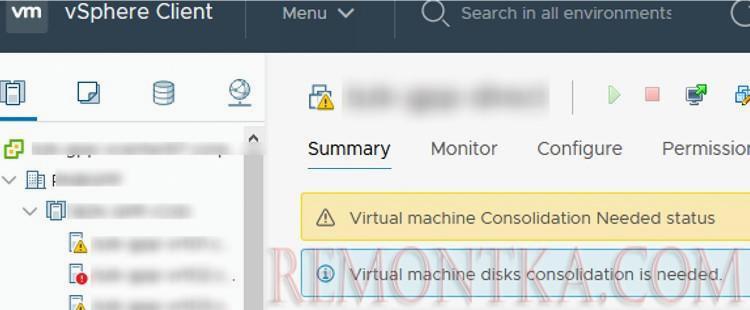 ошибка в консоли vmware: Virtual Machine disks consolidation is needed.