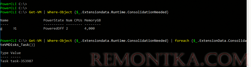 PowerCLI выполнить консолидацию ConsolidateVMDisks_Task