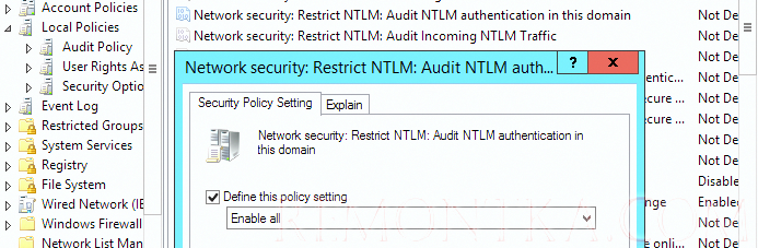 аудит NTLM аутентификации Network Security: Restrict NTLM: Audit NTLM authentication in this domain