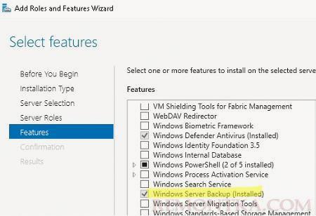 Установка компонента Windows Server Backup