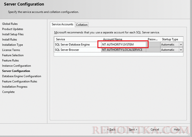 запуск установки MSSQLSERVER под NT AUTHORITYSYSTEM