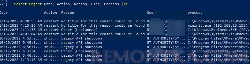 powershell скрипт найти кто перезагрузил Windows