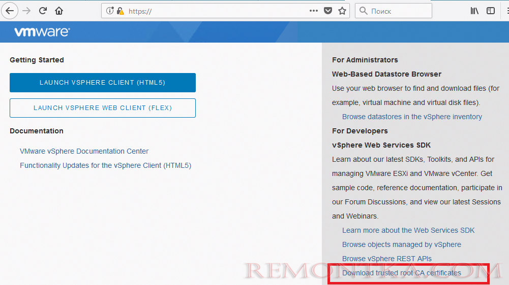 vmware vsphere - Download trusted root CA certificates 