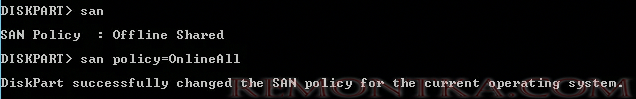 DISKPART> san policy=onlineall