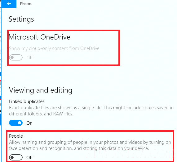 photos - отключить OneDrive и People