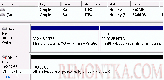 windows server 2016 Offline (The disk is offline because of policy set by an administrator).