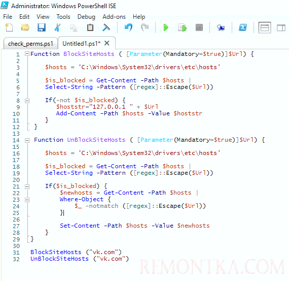 powershell - функция блокировки сайтов в файле hosts