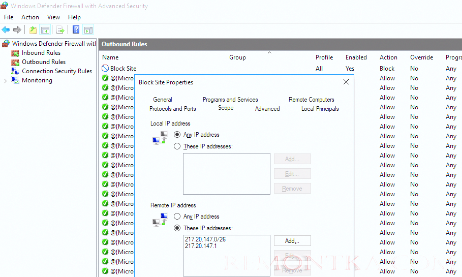 правило блокировки IP адресов в брандмауэере windows