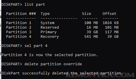 удалить раздел восстановления DISKPART> delete partition override 