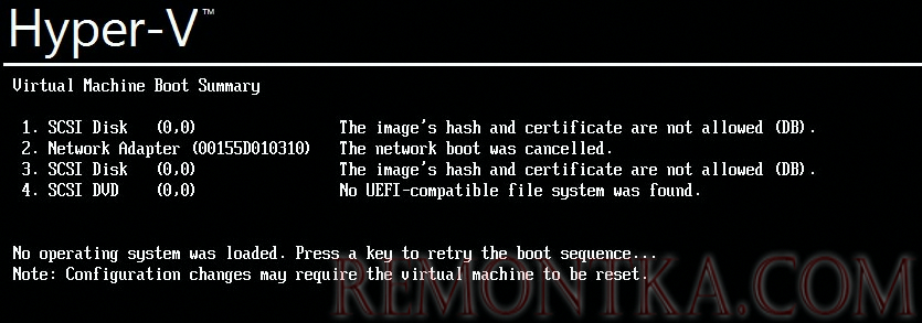 Ошибка загрузки Linux на Hyper-V: The image's hash and certificate are not allowed (DB).