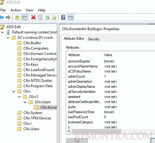 редактор атрибутов объектов ad в консоли adsiedit.msc