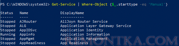 Get-Service | Where-Object {$_.starttype -eq 'Manual'