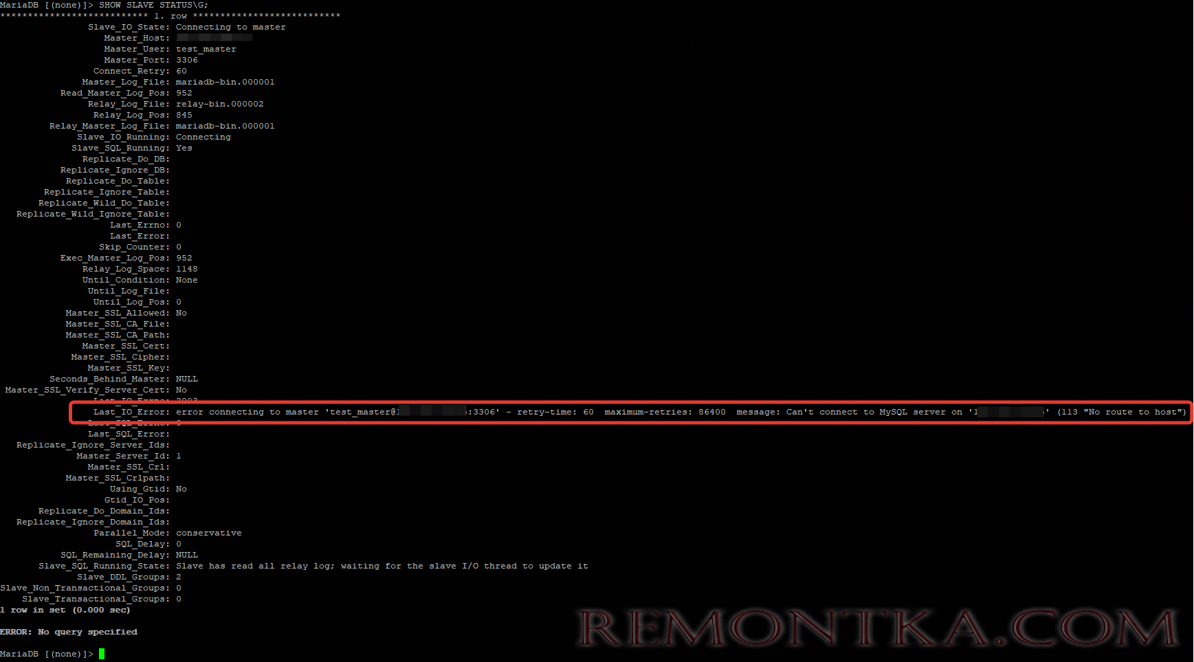 Last_IO_error: error connecting to master:3306 - retry time: 60 can't connect to MySQL server on (no route to host) 