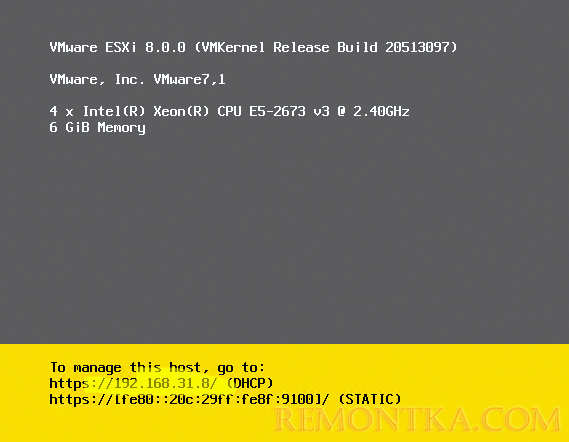 начальный экран vmware esxi консоли