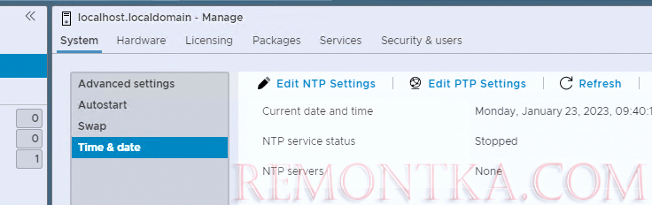 настройка времени и NTP в ESXi