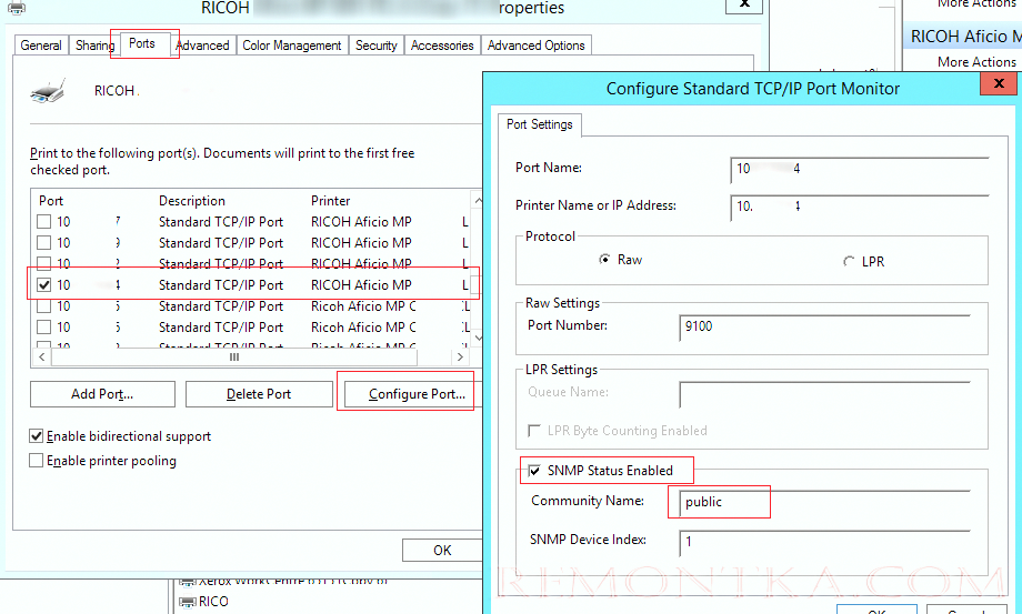 SNMP Status Enabled (Состояние SNMP разрешено) в настройках принтера