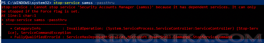 Stop-Service - ошибка Cannot stop service because it has dependent services. It can only be stopped if force flag set