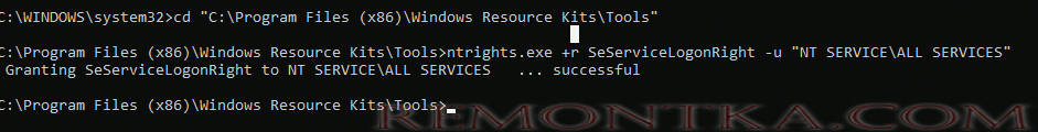 ntrights.exe дать права SeServiceLogonRight 