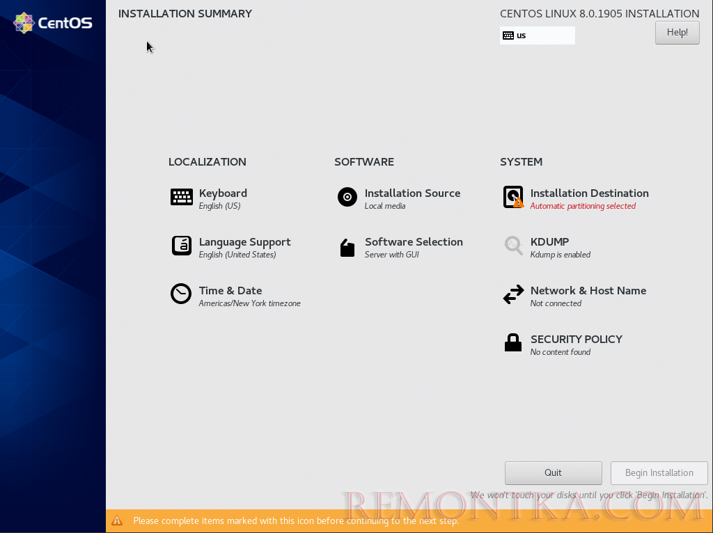 параметры установки centos 8