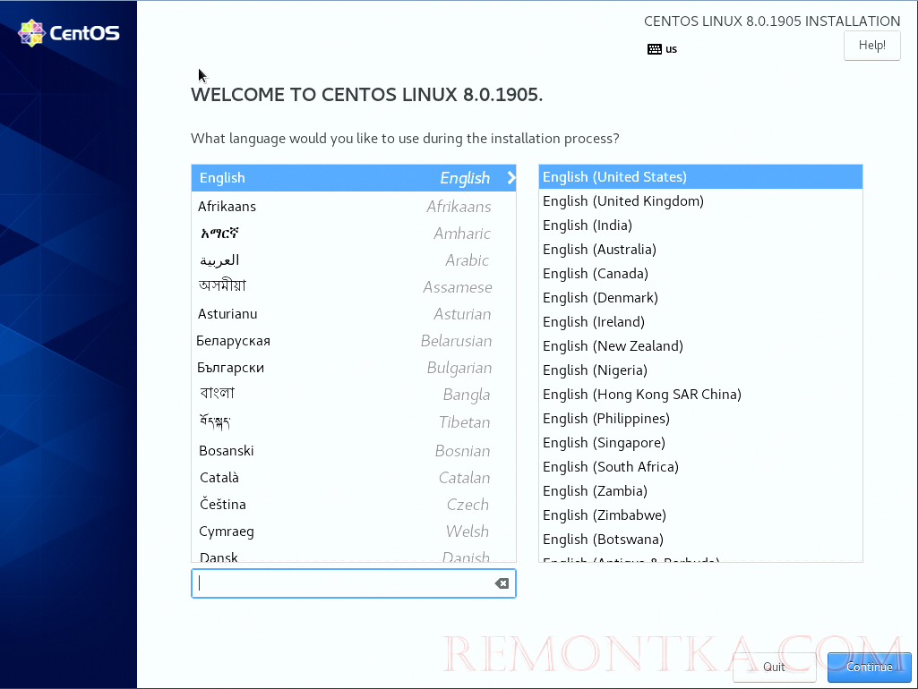 язык установки centos 8