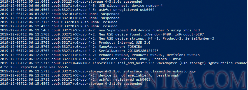 esxi vmkernel.log - лого подключения usb устройства к хосту