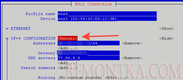 nmtui - способ получения ipv4 адреса manual/automatic