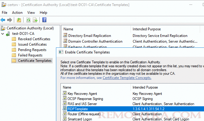 новый шаблон сертфикатов в CA для rdp