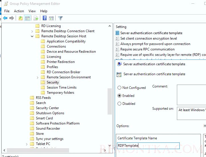 политика RDP сертификата Server Authentication Certificate Template