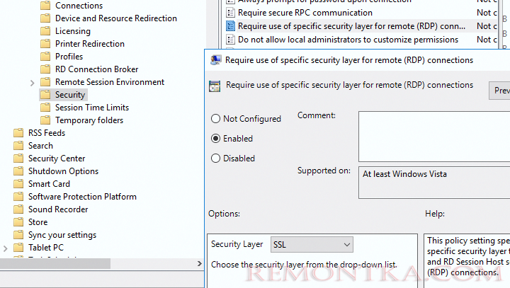 политика Require use of specific security layer for remote (RDP) connections