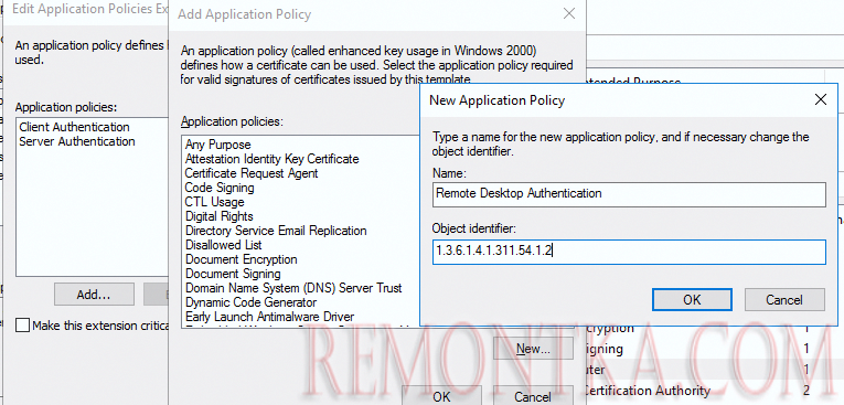 политика сертфиката - для Remote Desktop Authentication