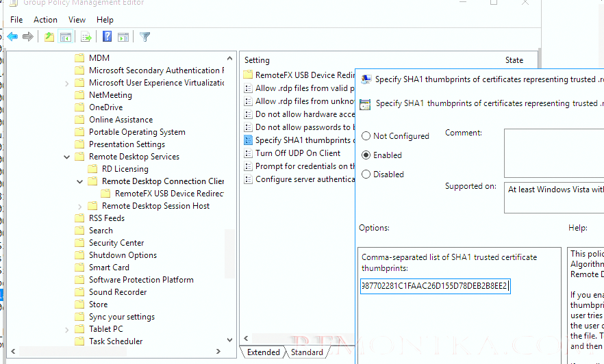 политика Указать отпечатки SHA1 сертификатов, представляющих доверенных издателей RDP