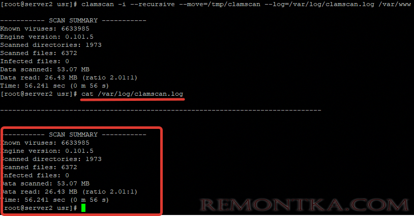 clamscan.log лог с результатеми антсирусной проверки сервера clamav