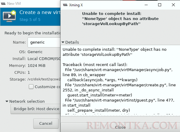 Unable to complete install: “NoneType object has no attribute storageVolLookupByPath