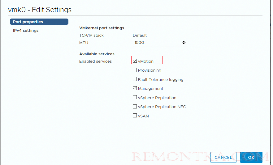 включить vMotion на vmkernel интерфейсе