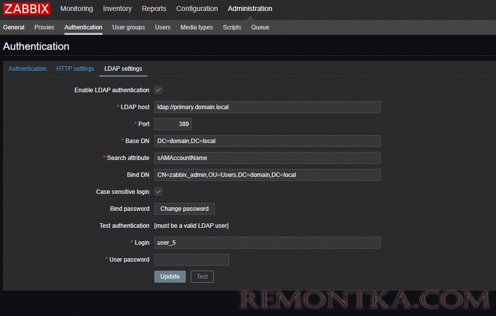 настройка LDAP аутентфикации в zabbix через Active Directory