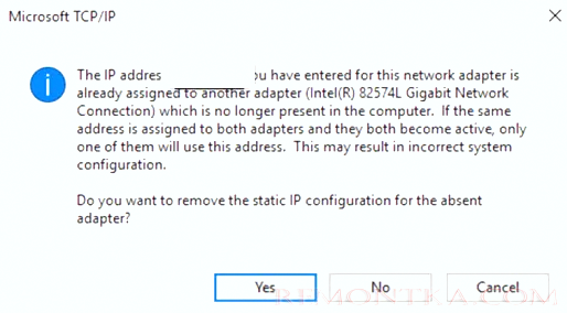 The IP address <IP address> you have entered for this network adapter is already assigned to another adapter 