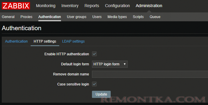 zabbix включить HTTP authentication