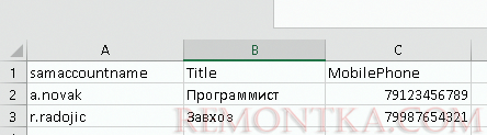 csv файл с новыми параметрами пользователей в active directory