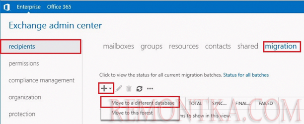 Exchange Admin Center перемещение ящика