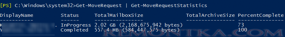 Get-MoveRequest PercentComplete Completed