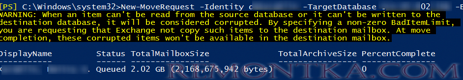 New-MoveReques TargetDatabase BadItemLimit 