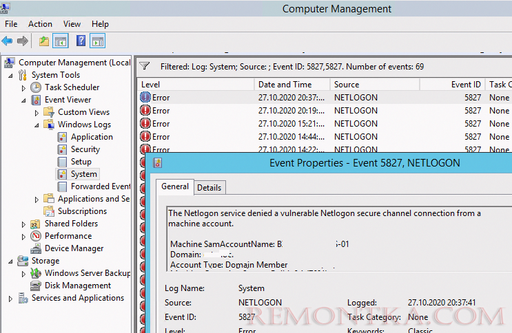 EventID 5827 The Netlogon service denied a vulnerable Netlogon secure channel connection from a machine account