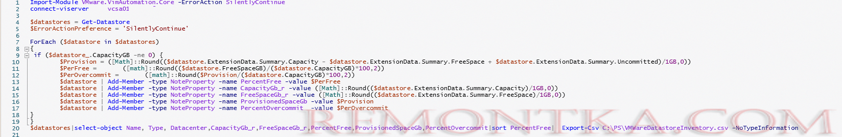powershell скрипт для мониторинга места на vmware хранилищах в vSphere