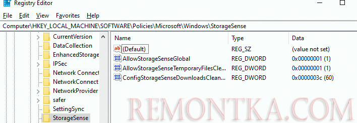 параметры storage sense в реестре windows 10