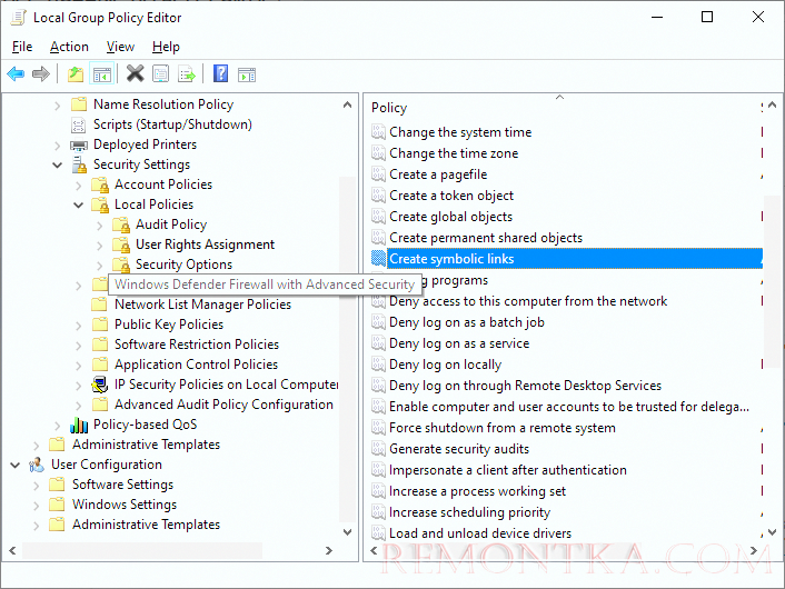 параметр групповой политики Create Symbolic Links 