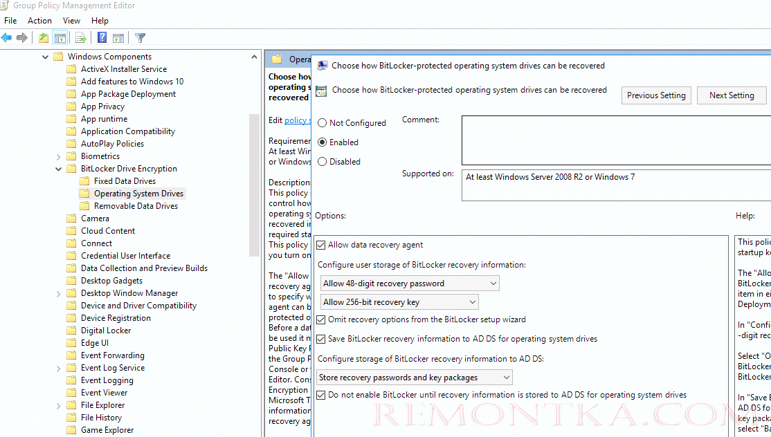 политика для автоматического сохранения ключа шифрования bitlocker в ad