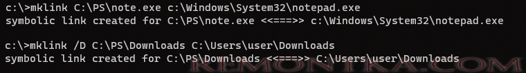 пример использования mklink для создание символьных ссылок в windows